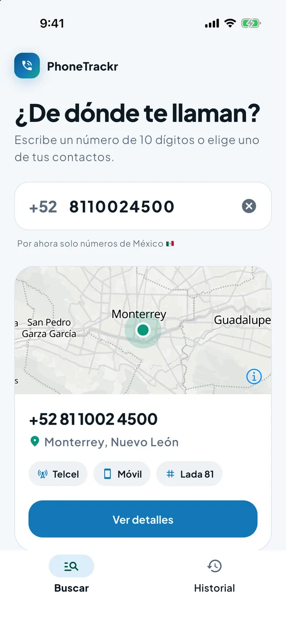 PhoneTrackr en iPhone: resultado de búsqueda de un número de Monterrey con su mapa