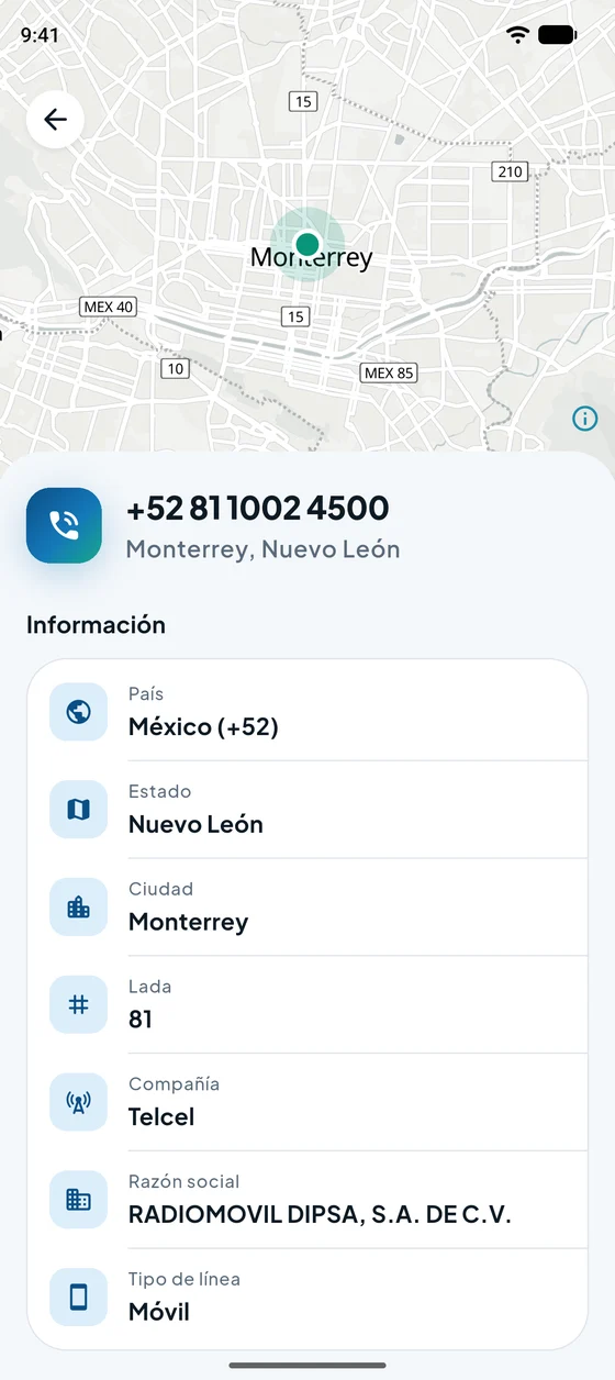 PhoneTrackr en Android: detalles de un número con estado, ciudad, lada y compañía